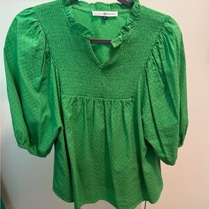 Green Smocked Blouse with Puff Sleeves